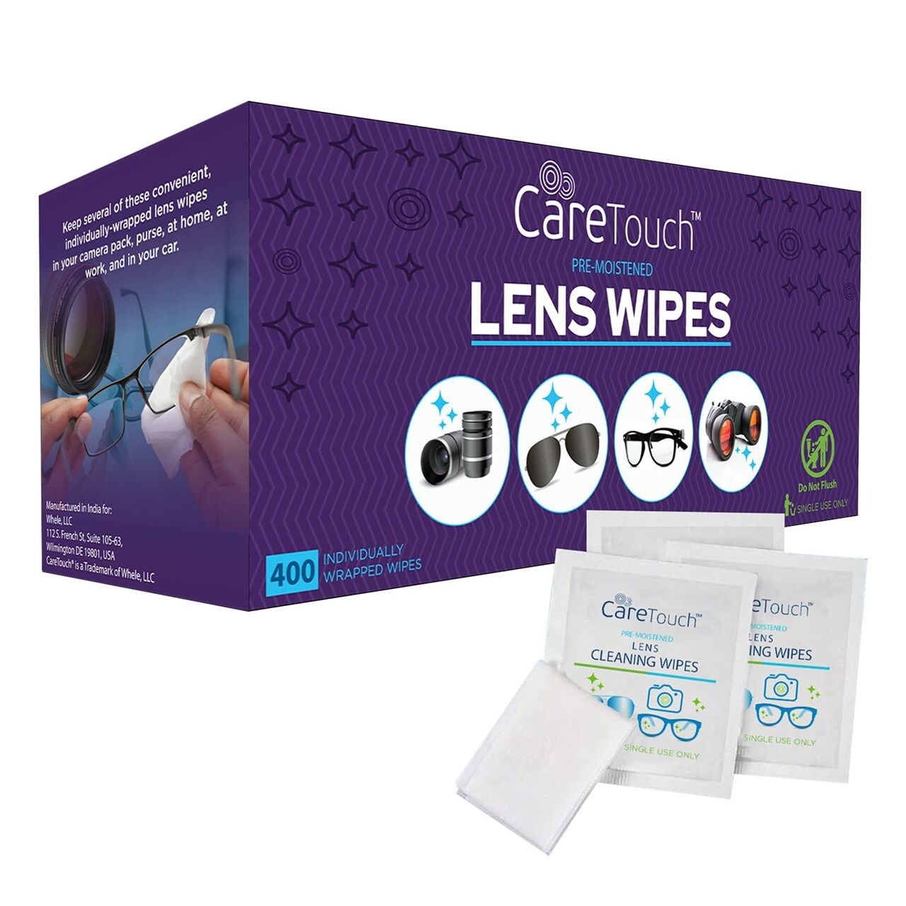 Lens Wipes for Eyeglasses, 400 ct Individually Wrapped Pre- Moistened, 5 x 6"
